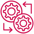 Red gears icon with rotation arrows indicating a process or automation