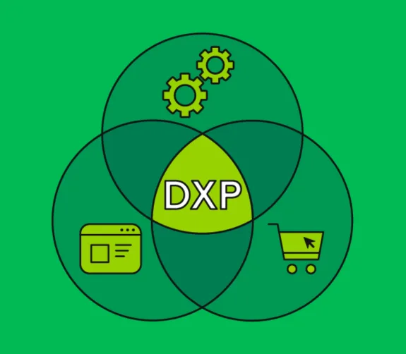 Venn diagram illustrating DXP with icons for web, e-commerce, and gears on green background