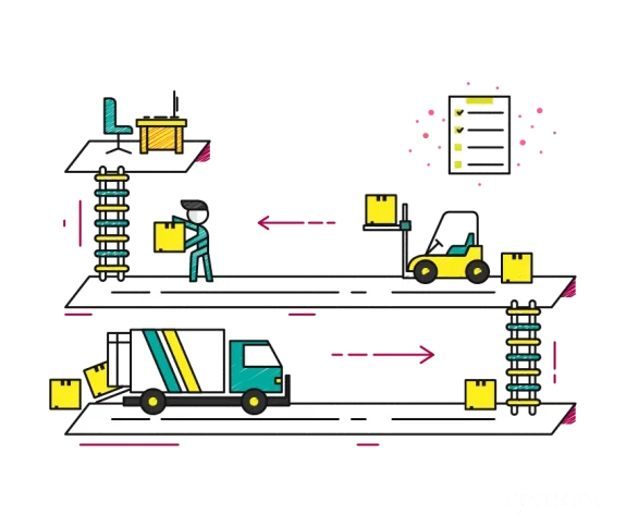 Illustration of warehouse logistics with worker, forklift, and delivery truck.