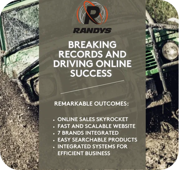 Randys promotional image with off-road vehicle and online success outcomes listed.