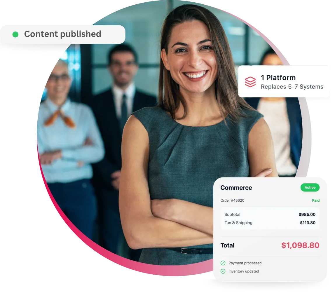 Smiling businesswoman in front of team with commerce platform details displayed.