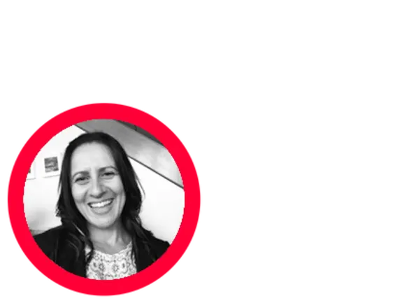 Smiling woman in black and white portrait with red circular border.