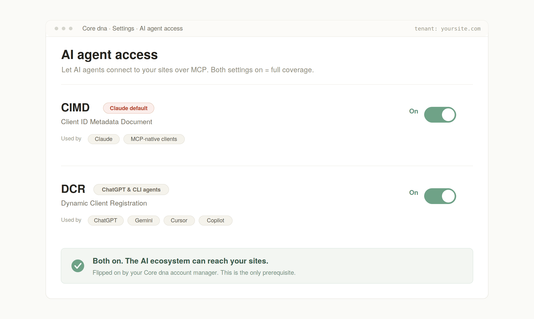Core dna AI agent access settings that let Claude, ChatGPT, Gemini, Cursor and Copilot connect to your sites over MCP.