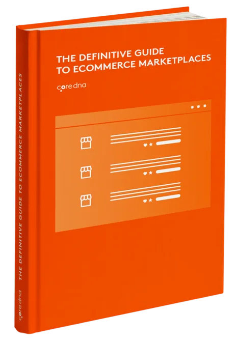 Orange book cover titled 'The Definitive Guide to Ecommerce Marketplaces' by coredna.