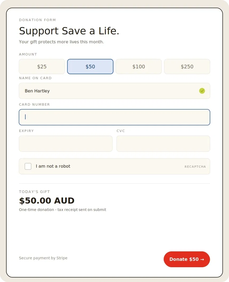 Online donation form for saving lives with $50 selected.