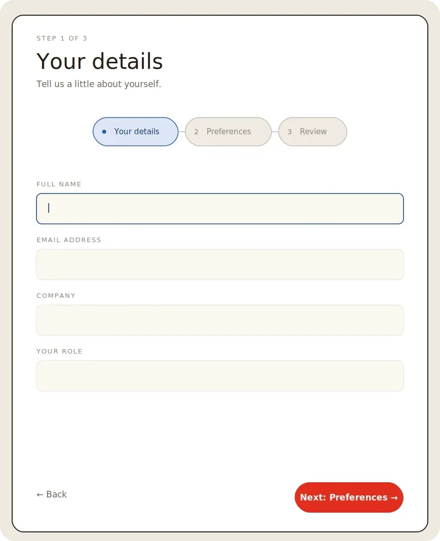 Step 1 of 3 user details form with fields for name, email, company, and role.