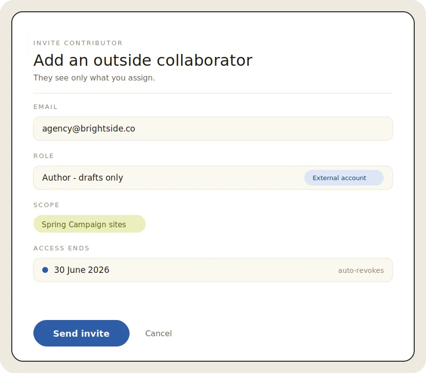 Interface for inviting an outside collaborator with email, role, and access details.