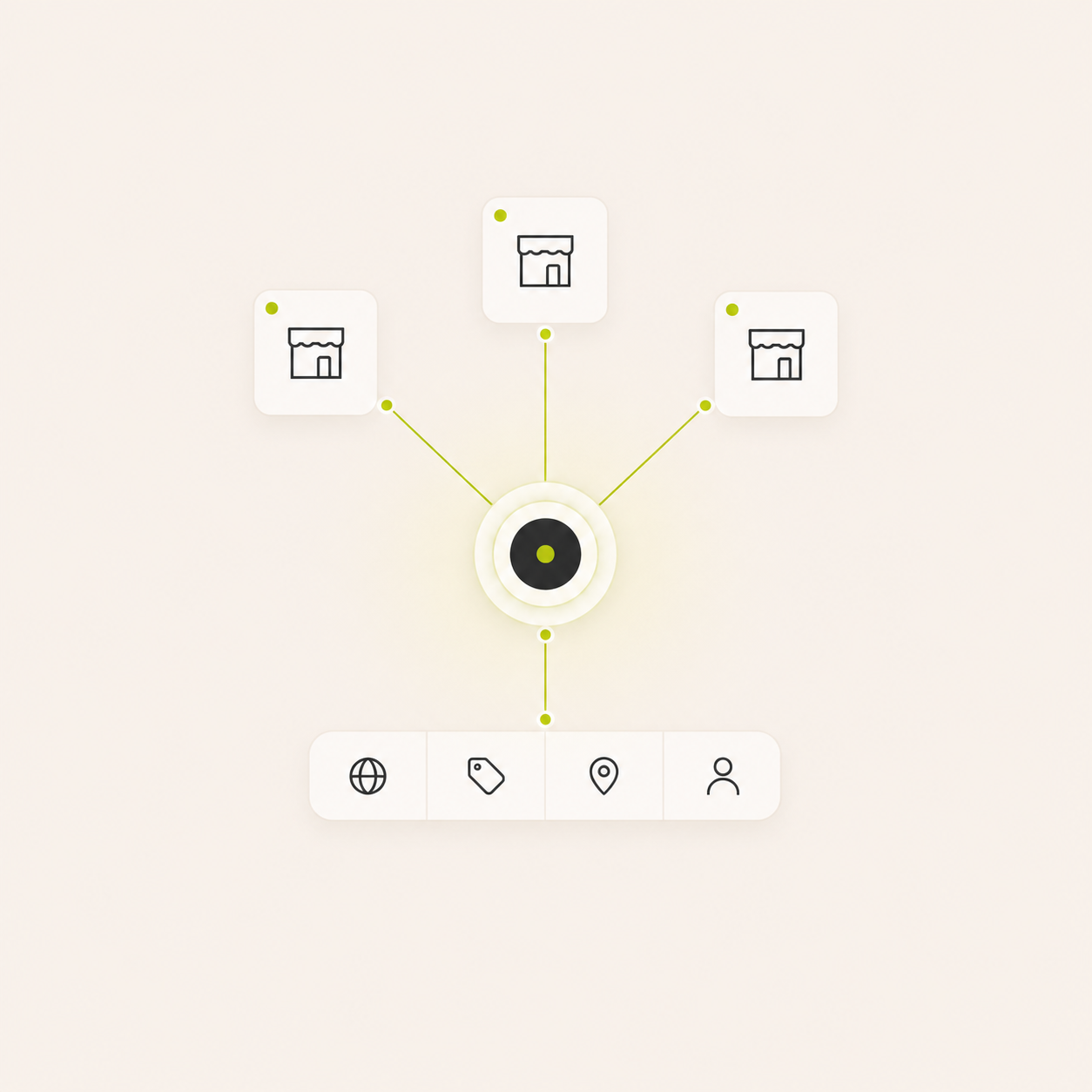 Simplified network diagram with icons connected by lines on a light background.