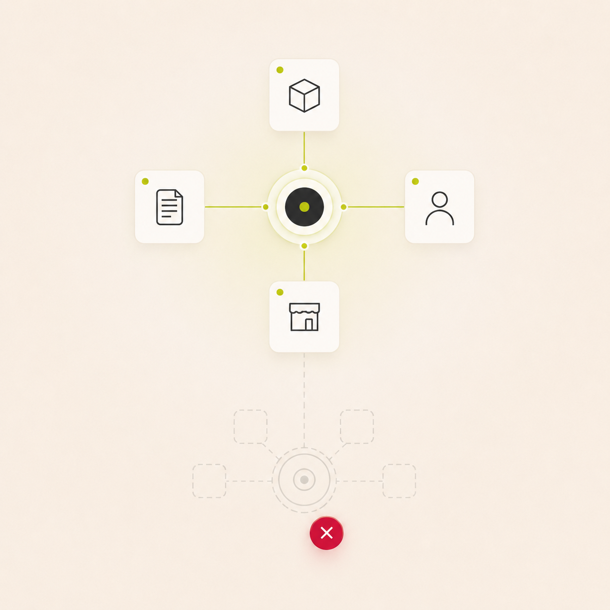 Network diagram with icons for document, cube, person, and building connected.