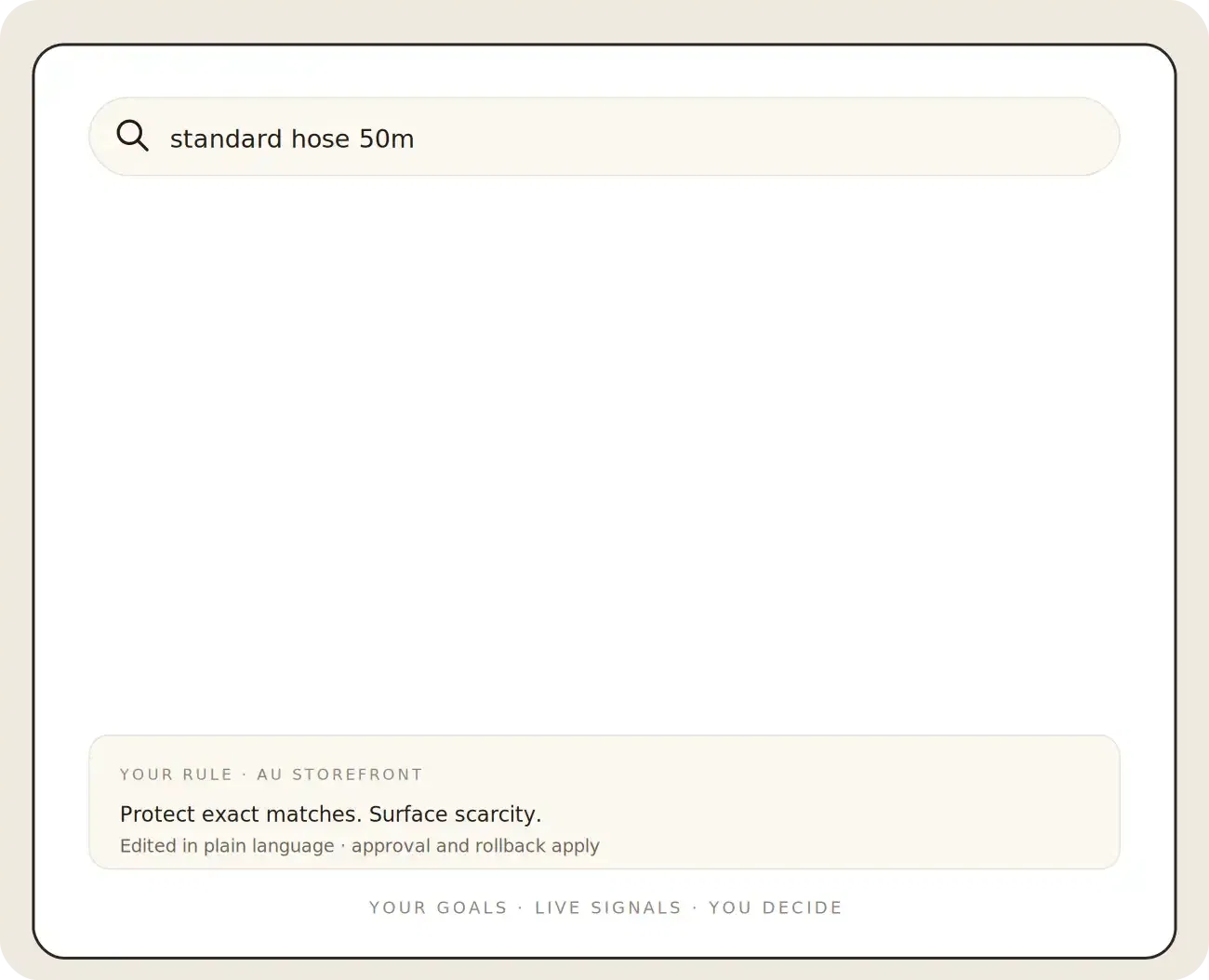 Search bar with query 'standard hose 50m' on a beige background.