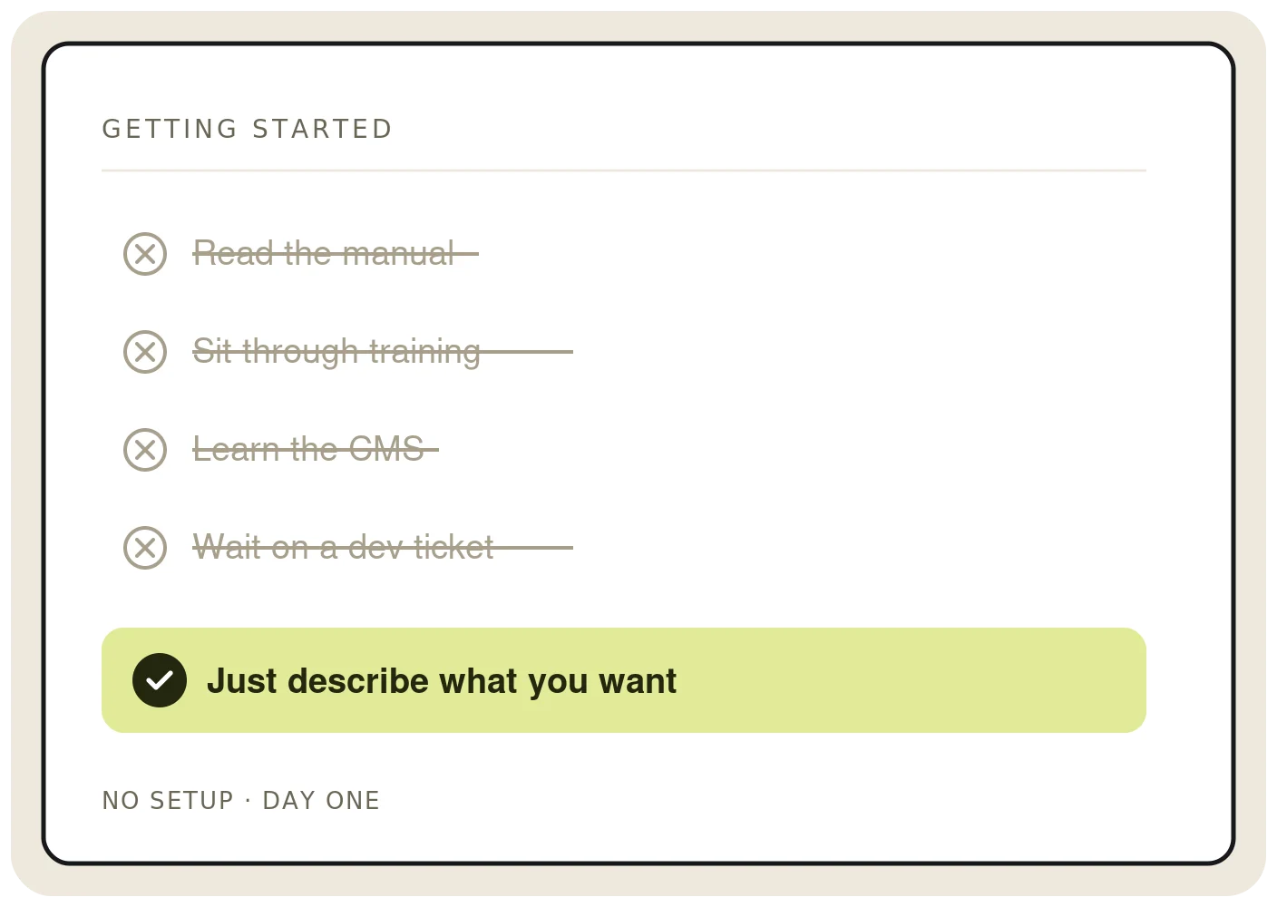 Checklist with crossed-out tasks and 'Just describe what you want' highlighted.