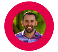 Man smiling in a red circle frame with a nature background.