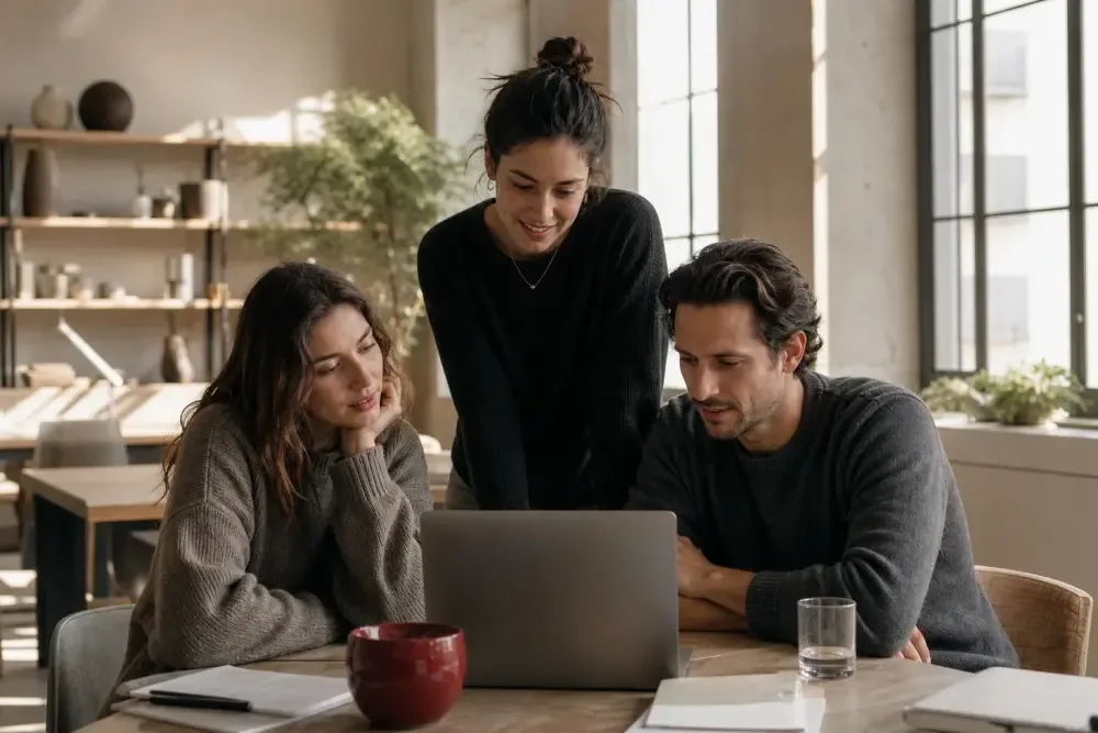 Three people collaborating around a laptop in a modern office setting.