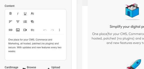 CMS content editor showing text formatting tools and digital platform features description.