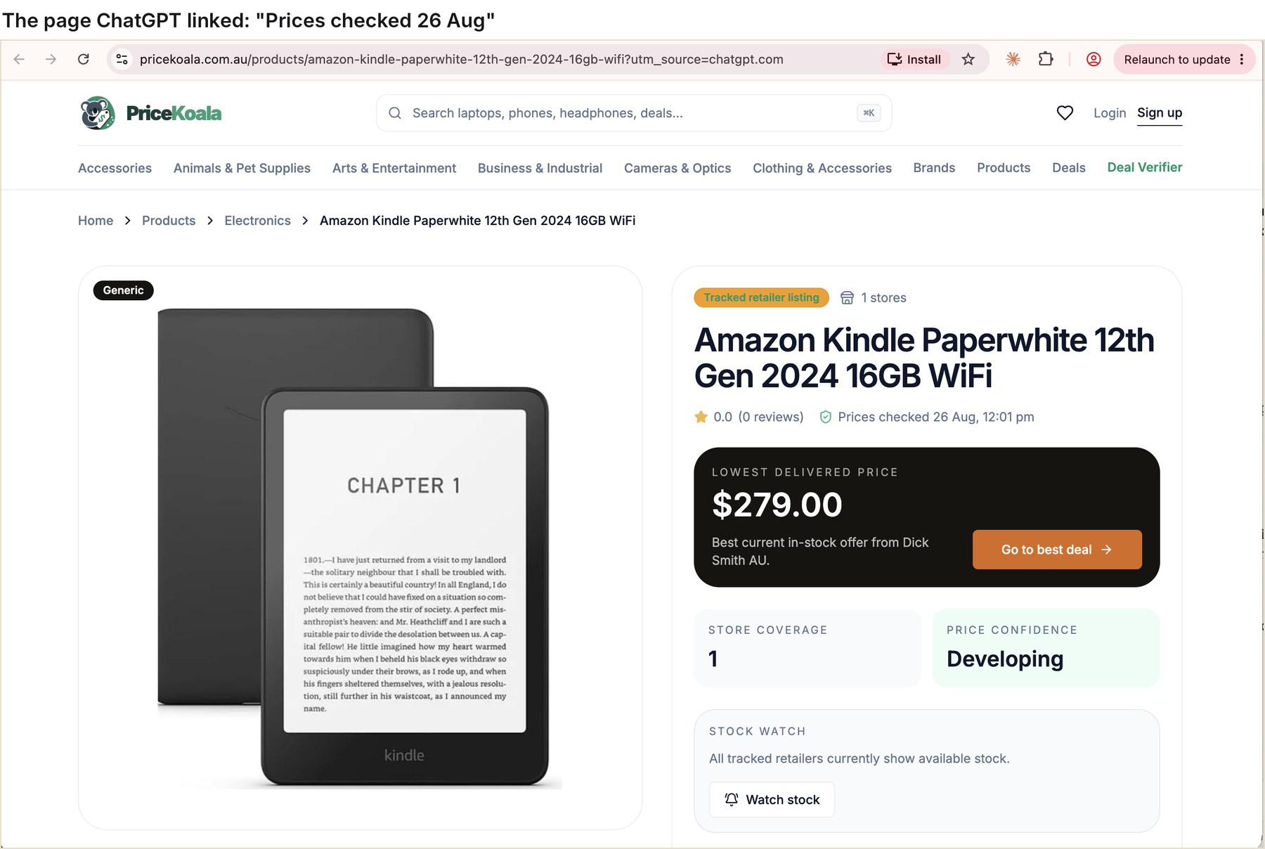 The PriceKoala page ChatGPT linked for the Kindle Paperwhite, showing prices checked on 26 August