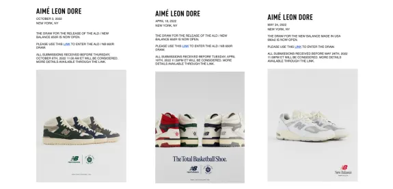 Aimé Leon Dore promotional image for New Balance shoe releases with various sneakers and dates.