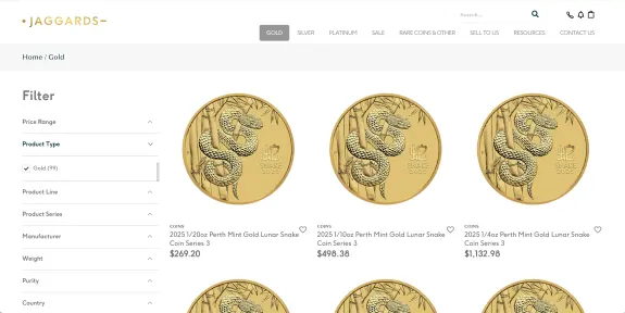 Gold Lunar Snake coins displayed on an ecommerce page with pricing and filters.